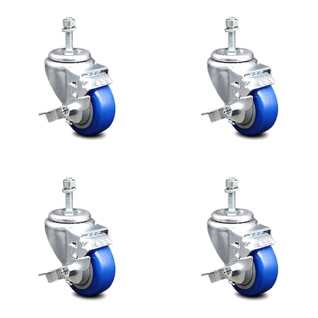 Service Caster 3 Inch Blue Polyurethane Swivel 10mm Threaded Stem Caster Set with Brake SCC-TS20S314-PPUB-BLUE-TLB-M1015-4